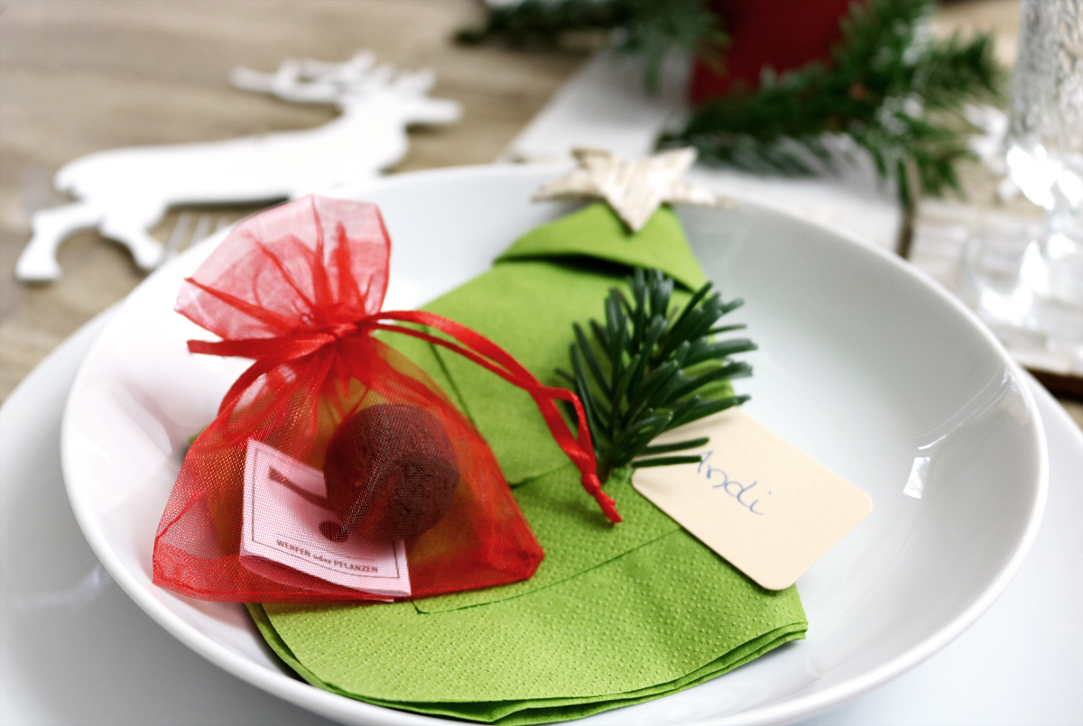 Tischdeko Weihnachten mit Seedball rot im Organzabeutel