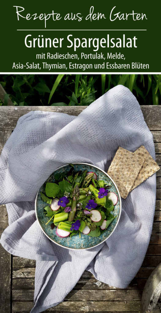 Grüner Spargelsalat mit Radieschen, Portulak, Melde, Asia-Salat, Thymian, Estragon und Essbaren Blüten